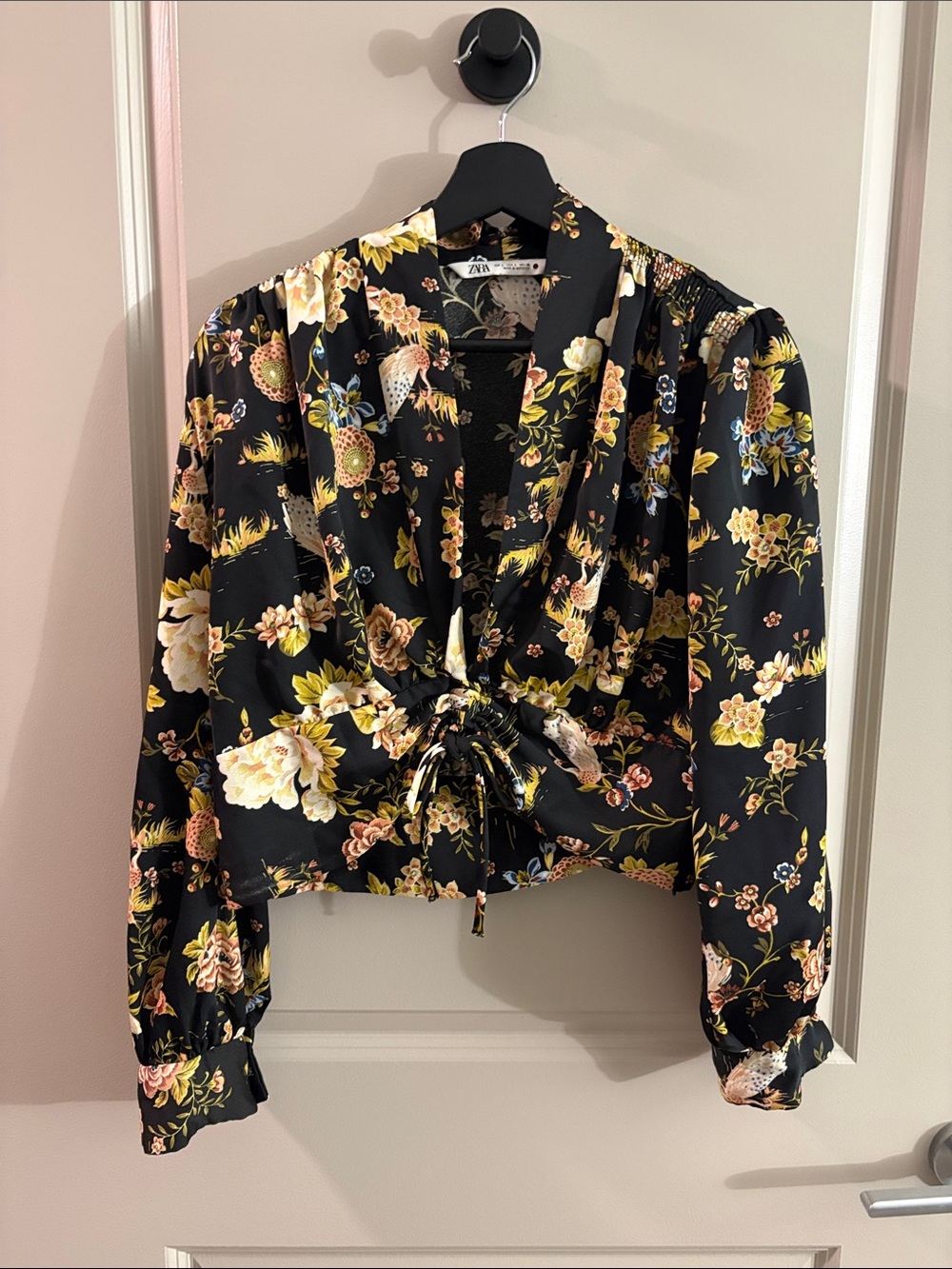 Zara Black Floral Tie-Waist Blouse